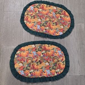 Vintage Thanksgiving Placemats Set of 2 - Fall Harvest Turkey Scarecrow 18x12"